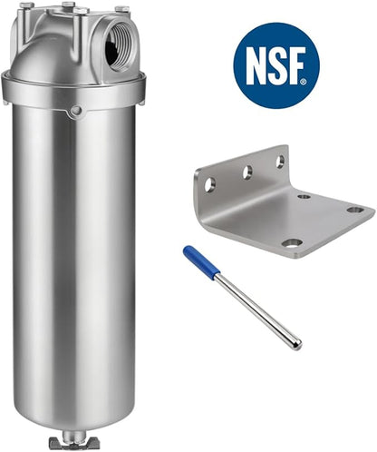 Amwater NSF/ANSI 42 Stainless Steel Whole House Water Filter Housing, 10" x 2.5" Sediment Water Filter System for Heavy Duty, Well & City Water, 1" NPT Port, Drain Valve Style A (Wing)