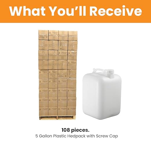 FastRack 5 Gallon Hedpak Water Jug with Screw Cap | 108-Pack (1 Pallet), BPA-Free Food-Grade HDPE, Leak-Proof White Container, – For Brewing, Fermentation, Water Storage & Commercial Use