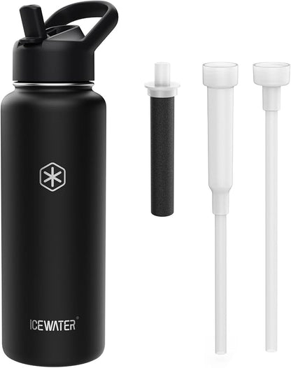 ICEWATER 40 oz Versatile Water Bottle, Regular & Filtered Straw with Filter | Reduces Chlorine Taste & odor, Removes Microplastics and Particulates, Ideal for Travel, Stainless Steel Insulated, BPA-Free