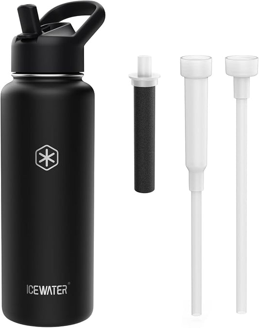 ICEWATER 40 oz Versatile Water Bottle, Regular & Filtered Straw with Filter | Reduces Chlorine Taste & odor, Removes Microplastics and Particulates, Ideal for Travel, Stainless Steel Insulated, BPA-Free