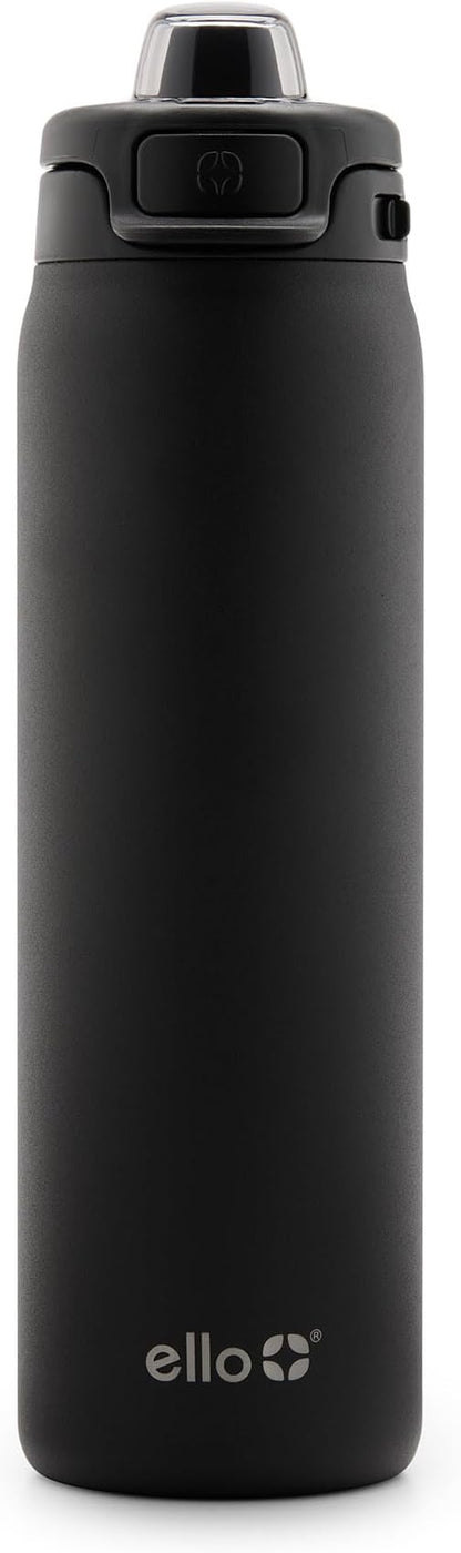 Ello Pop & Fill 22oz Stainless Steel Water Bottle with Quick Fill Technology, Double Walled and Vacuum Insulated Metal, Leak Proof Locking Lid, Sip and Chug, Reusable, BPA Free, Black