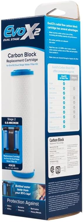 Camco Evo X2 0.5-Micron Carbon Block RV Water Filter Replacement Cartridge - Compatible with Evo X2 & Evo X3 Premium RV Water Filter Kits - Removes Sediment & Particles & Reduces Chlorine (40638)