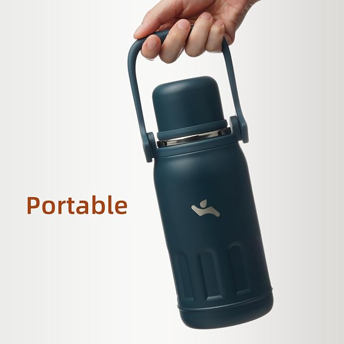 Konokyo Insulated Water Bottle with Handle and Strap,Vacuum Travel Tumbler with Cup Lid,Thermo Coffee Cup for Hot Cold Drinks 50 OZ,Navy Blue