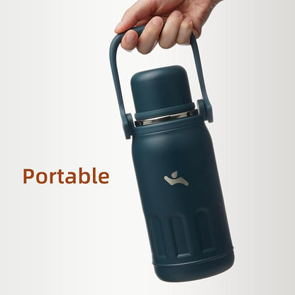 Konokyo Insulated Water Bottle with Handle and Strap,Vacuum Travel Tumbler with Cup Lid,Thermo Coffee Cup for Hot Cold Drinks 50 OZ,Navy Blue