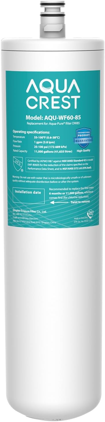 AQUA CREST DW85 Under Sink Water Filter, Replacement for Aqua-Pure® AP-DW85, 5584408, AP-DWS700, Cuno CFS8112, CFS8812X-S, CFS8720, KOHLER K-201-NA, KOHLER K-202-NA, NSF 42 Certified, Model No.WF60-85