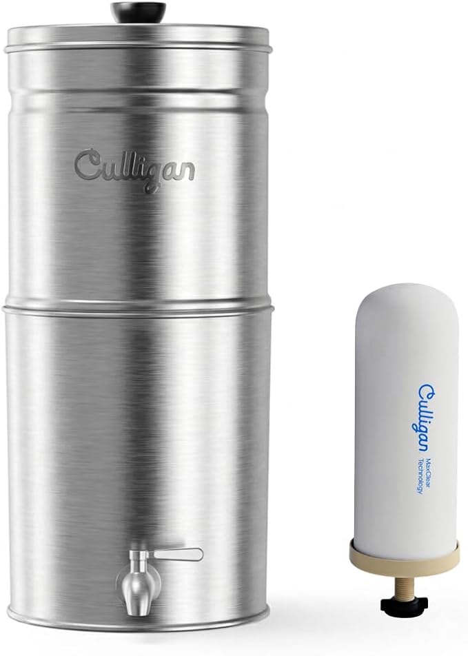Culligan MaxClear 3 Gallon Gravity Water Filter System, Brushed Stainless-Steel Countertop Water Filter NSF/ANSI Certified to Reduce Microplastics, Lead & Total PFAS, with 1 Ceramic Filter