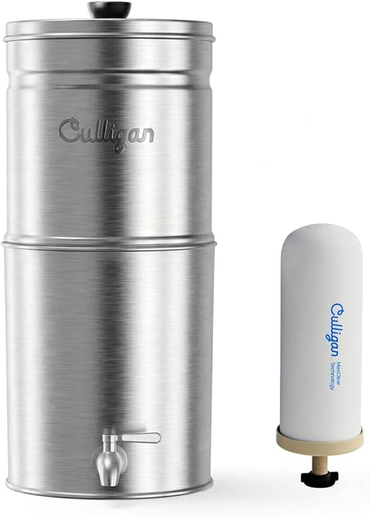 Culligan MaxClear 3 Gallon Gravity Water Filter System, Brushed Stainless-Steel Countertop Water Filter NSF/ANSI Certified to Reduce Microplastics, Lead & Total PFAS, with 1 Ceramic Filter