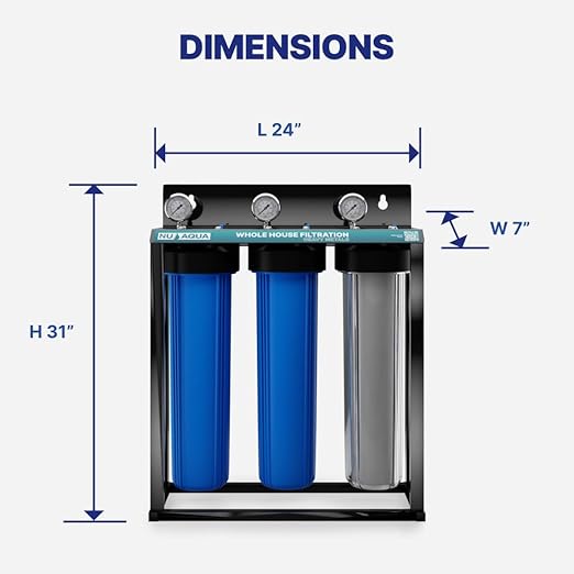Nu Aqua 3-Stage Main Line Heavy Metal Whole House Water Filter System (20” x 4.5”) | Reduce Heavy Metals, Chlorine, Odors | Sediment, Heavy Metal KFD GAC, Carbon Block Filtration - Home Filtration