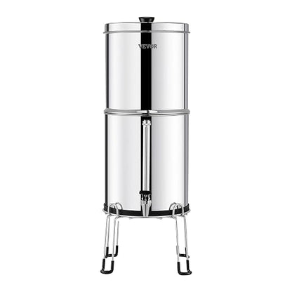 VEVOR Gravity-fed Water Filter System, 2.25G 304 Stainless-Steel Countertop Water Filtration System, Reduces Lead and up to 99% of Chlorine, with 2 Ceramic Carbon Filters, Water Level Spigot, Stand