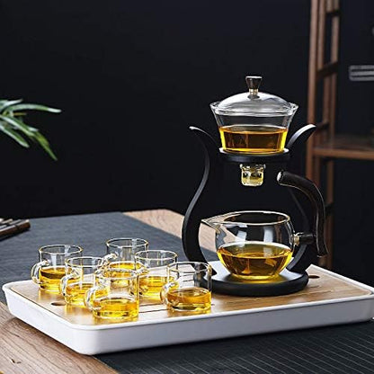 RORA Glass Teapot Set Semi Automatic Drip Rotating with Infuser Lazy Kungfu Tea pot Set (Bamboo)