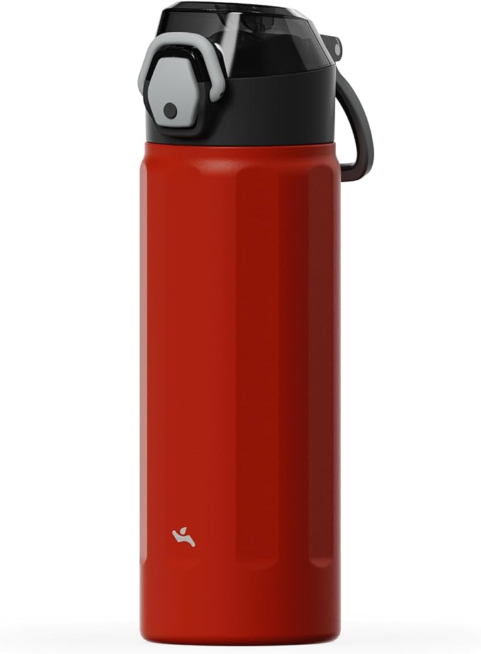 Konokyo FLOWPLAY 18oz Locking Push-Button Water Bottle with Silicone Spout,Leak-Proof,18/8 Stainless Steel Double-Wall Vacuum Insulated for Sports and Travel,BPA-Free,Red