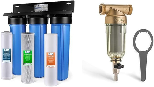 iSpring Whole House Water Filter System & WSP-50 Reusable Whole House Spin Down Sediment Water Filter, 50 Micron Flushable Prefilter Filtration, 1" MNPT + 3/4" FNPT, Lead-Free Brass