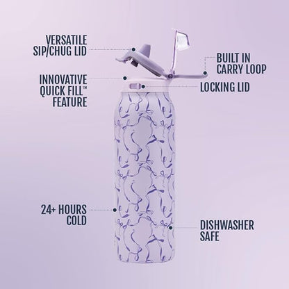 Ello Pop & Fill 32oz Stainless Steel Water Bottle with QuickFill Technology, Double Walled and Vacuum Insulated Metal, Leak Proof Locking Lid, Straw and Chug, Reusable, BPA Free, Take a Bow
