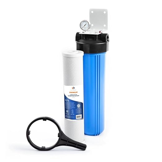 Aquaboon Whole House Water Filter System for Well Water with 5 Micron 20x4.5 Carbon Block Chlorine Reduction Cartrige | NSF Certified, Pressure Gauges & Releas, Wrench, Bracket 1" NPT