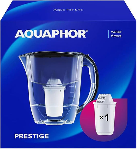 AQUAPHOR Water Filter Jug Prestige I 1 X A5 Filter Included I Capacity 2.8l I Fits in the Fridge Door I Reduces Limescale Chlorine & Microplastics Black