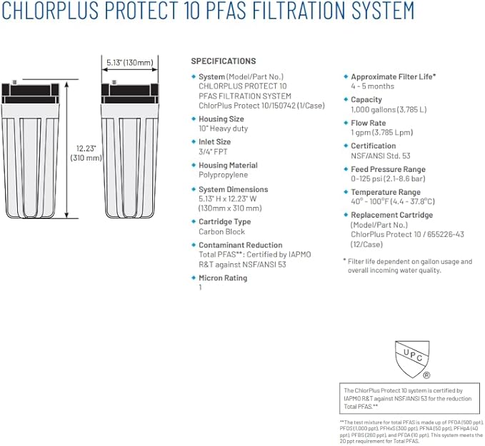 Pentair ChlorPlus Protect 10 Carbon Water Filter, PFAS Water Filter, NSF Certified to Reduce PFOA/PFOS, 10-Inch, Undersink Carbon Block Replacement Cartridge, 10" x 2.5", 1 Micron
