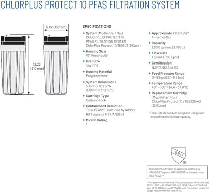 Pentair ChlorPlus Protect 10 Carbon Water Filter, PFAS Water Filter, NSF Certified to Reduce PFOA/PFOS, 10-Inch, Undersink Carbon Block Replacement Cartridge, 10" x 2.5", 1 Micron