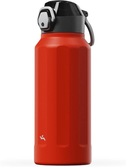Konokyo FLOWPLAY 32oz Locking Push-Button Water Bottle with Silicone Spout,Leak-Proof,18/8 Stainless Steel Double-Wall Vacuum Insulated for Sports and Travel,BPA-Free,Red