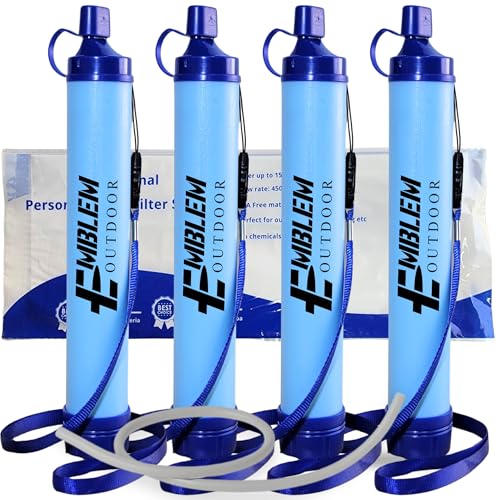 Portable Water Filter Straw, 4 Survival Water Straws to Purify Water When Camping, Hiking, Emergency & Disaster – 0.1 Micron Personal Water Filter | BPA-Free Hollow Fiber Emergency Water Filtration