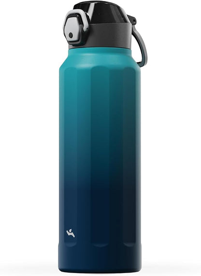 Konokyo FLOWPLAY 40oz Locking Push-Button Water Bottle with Silicone Spout,Leak-Proof,18/8 Stainless Steel Double-Wall Vacuum Insulated for Sports and Travel,BPA-Free,Sea