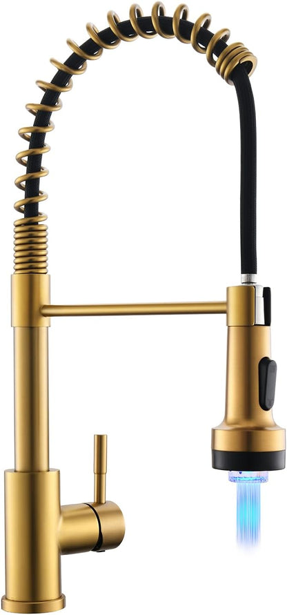 GIMILI Gold Kitchen Faucet with Pull Down Sprayer Single Hole Stainless Steel LED Faucet, Suitable for Farmhouses, RV, Laundry Room, Outdoor, and Campers. Llave para fregadero de cocina