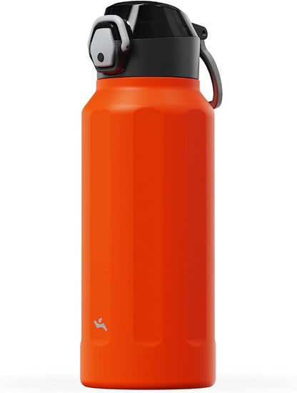 Konokyo FLOWPLAY 32oz Locking Push-Button Water Bottle with Silicone Spout,Leak-Proof,18/8 Stainless Steel Double-Wall Vacuum Insulated for Sports and Travel,BPA-Free,Orange