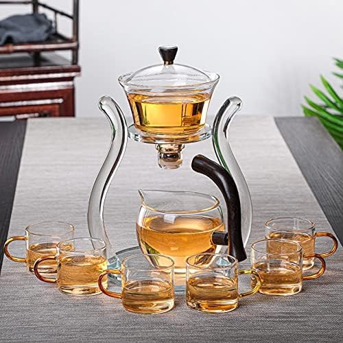 RORA Lazy Kungfu Glass Tea Set Semi Automatic Drip Rotating with Infuser Glass Teapot Set (6 cups)