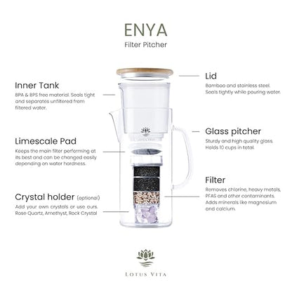 Lotus Vita ENYA Glass Water Filter Pitcher (10-Cups Total) - Removes Impurities, Adds Minerals - BPA Free - Glass & Bamboo Design - Improves Water Quality, Taste, and Drinking Habits