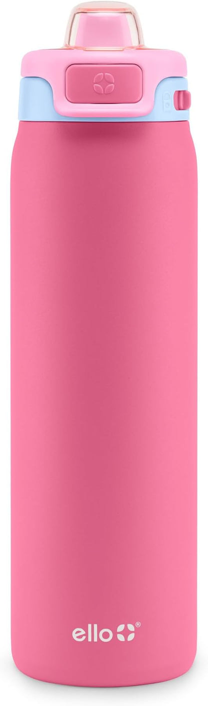 Ello Pop & Fill 22oz Stainless Steel Water Bottle with Quick Fill Technology, Double Walled and Vacuum Insulated Metal, Leak Proof Locking Lid, Sip and Chug, Reusable, BPA Free, Cherry Breeze