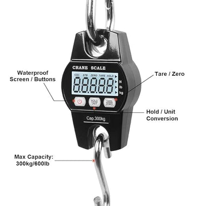 Fuzion Hanging Scale 660LB - Heavy Duty Crane Scale with Aluminum Body | Stainless Steel Hook, Hold/Tare Function, Large Display, Digital Hanging Scales for Weighing Animals, Hays, Fish, Luggage