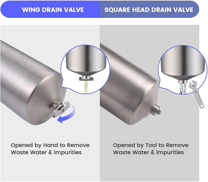 Amwater NSF/ANSI 42 Stainless Steel Whole House Water Filter Housing, 20" x 2.5" Sediment Water Filter System for Heavy Duty, Well & City Water, 3/4" NPT Port, Drain Valve Style A(Wing)