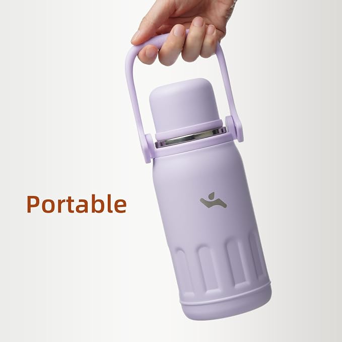 Konokyo Insulated Water Bottle with Handle and Strap,Vacuum Travel Tumbler with Cup Lid,Thermo Coffee Cup for Hot Cold Drinks 27 OZ,Purple