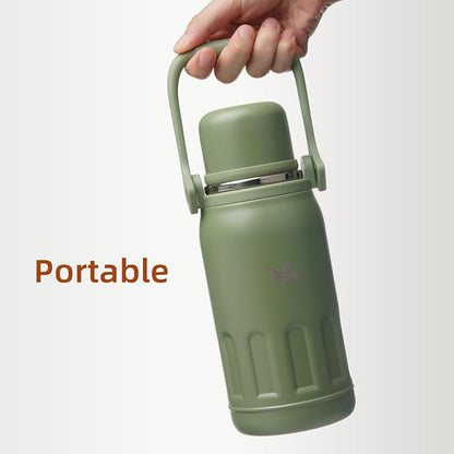 Konokyo Insulated Water Bottle with Handle and Strap,Vacuum Travel Tumbler with Cup Lid,Thermo Coffee Cup for Hot Cold Drinks 40 OZ,Army Green