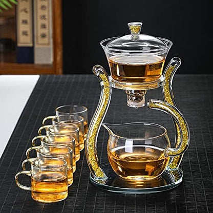 RORA Lazy Kungfu Glass Tea Set Semi Automatic Drip Rotating with Infuser Glass Teapot Set (6 cups)