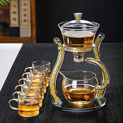 RORA Glass Teapot Set Semi Automatic Drip Rotating with Infuser Lazy Kungfu Tea pot Set (Yellow)