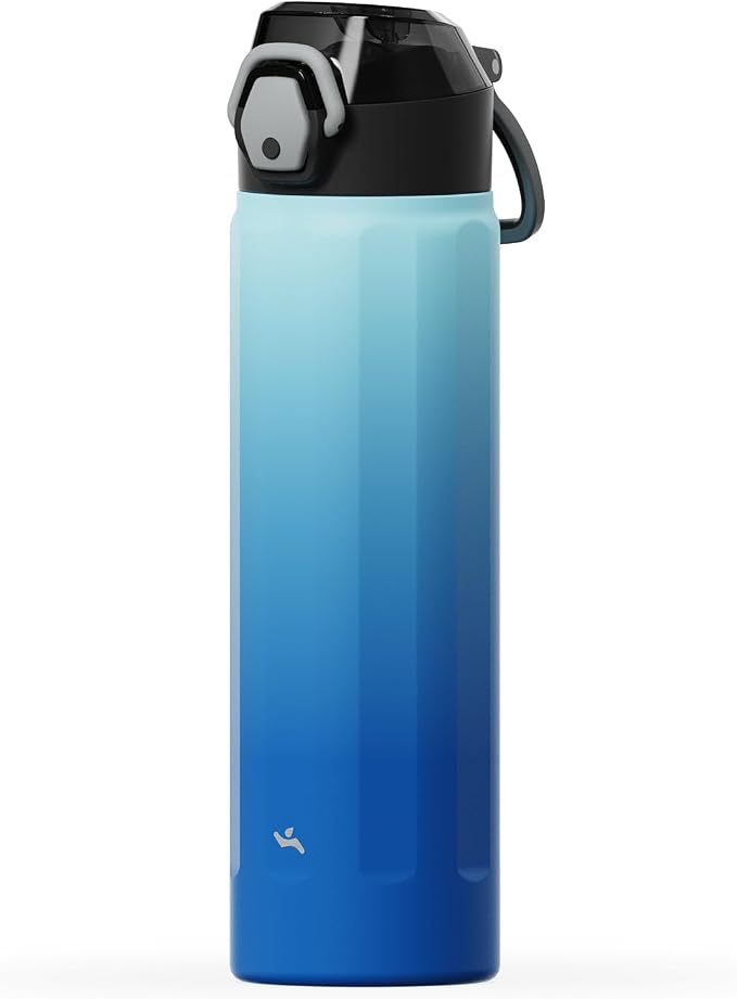 Konokyo FLOWPLAY 22oz Locking Push-Button Water Bottle with Silicone Spout,Leak-Proof,18/8 Stainless Steel Double-Wall Vacuum Insulated for Sports and Travel,BPA-Free,Sky