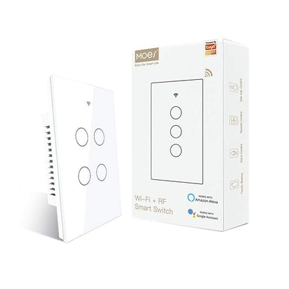 MOES 2.4GHz WiFi Wall Touch Smart Switch Neutral Wire Required, 3 Way Multi-Control, Glass Panel Light Switch Work with Smart Life/Tuya App, RF433 Remote Control, Alexa and Google Home White 4 Gang
