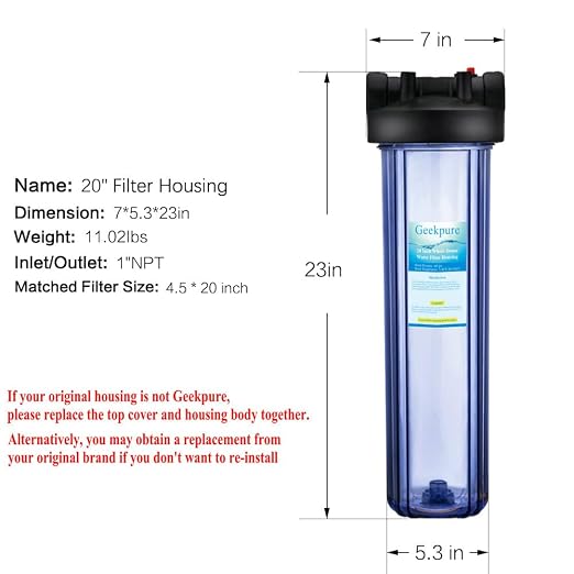 Geekpure 20 Inch Clear Whole House Water Filter Housing - 1" NPT Brass Port (1) | 1" NPT Brass Port-Pressure Relief Button-Clear Color