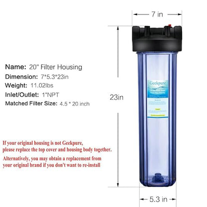 Geekpure 20 Inch Clear Whole House Water Filter Housing - 1" NPT Brass Port (1) | 1" NPT Brass Port-Pressure Relief Button-Clear Color