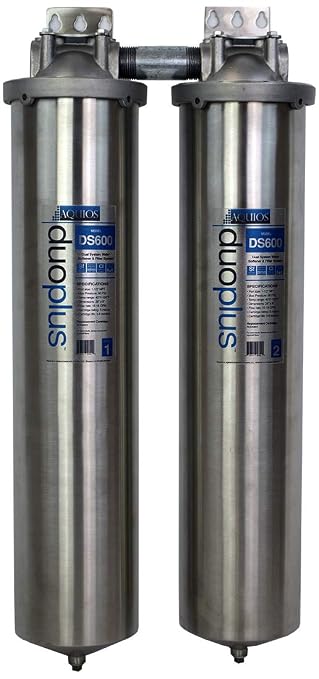 Aquios® DuoPlus DS600S Premium 2-Stage Full House Salt-Free Water Softener & Filtration System, Stainless Steel, Catalytic Carbon Removes Chloramines, Chlorine, VOCs, Tanins and More