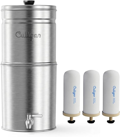 Culligan MaxClear 3 Gallon Gravity Water Filter System, Brushed Stainless-Steel Countertop Water Filter NSF/ANSI Certified to Reduce Microplastics, Lead & Total PFAS, with 3 Ceramic Filters