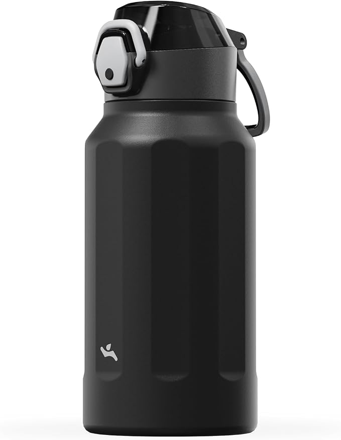 Konokyo FLOWPLAY 26oz Locking Push-Button Water Bottle with Silicone Spout,Leak-Proof,18/8 Stainless Steel Double-Wall Vacuum Insulated for Sports and Travel,BPA-Free,Black