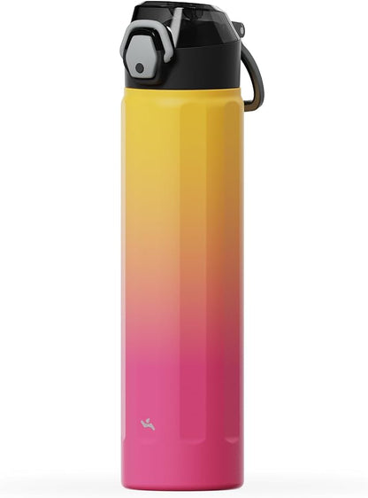Konokyo FLOWPLAY 25oz Locking Push-Button Water Bottle with Silicone Spout,Leak-Proof,18/8 Stainless Steel Double-Wall Vacuum Insulated for Sports and Travel,BPA-Free,Rainbow