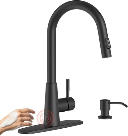 APPASO Black Touchless Kitchen Faucet Motion Sensor with Pull Down Sprayer | Lead-Free Single Handle Sink Faucet with Soap Dispenser & cUPC-Certified Hoses for Farmhouse Laundry Rv 1 to 4 Hole Sinks