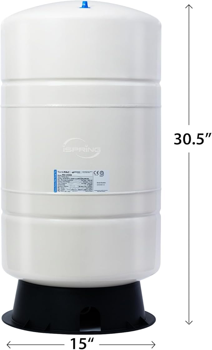 iSpring T20M 20 Gallon Pre-Pressurized Tank for Reverse Osmosis (RO) Systems with 14 gallons of Water Storage Capacity, White