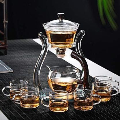 RORA Lazy Kungfu Glass Tea Set Semi Automatic Drip Rotating with Infuser Glass Teapot Set (6 cups)