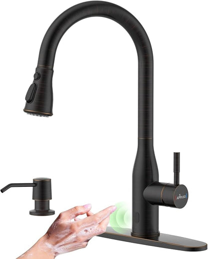 APPASO Oil Rubbed Bronze Touchless Kitchen Faucet with Soap Dispenser | cUPC Lead-Free Hoses Motion Sensor Hands Free Vintage Sink Faucets Pull Down Sprayer 3 Modes for 1-4 Hole Farmhouse RV Sink