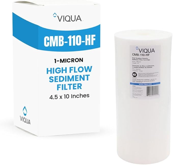 VIQUA CMB-110-HF 1 Micron High Flow Sediment Water Filter 4.5 x 10 Inches, Universal 10-Inch Whole House Water Filter Housing, Reduces Sediment, Rust, Dirt, and Protects UV Systems