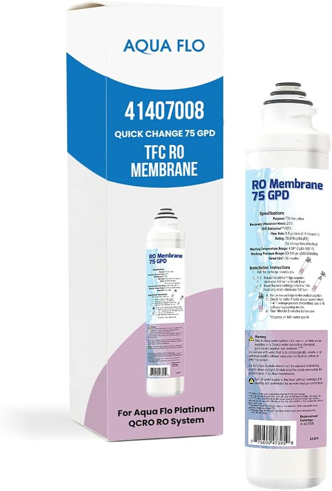 Aqua Flo 41407008 Quick Change RO Membrane – 75 GPD TFC Filter for Aqua Flo Platinum QCRO 4-Stage Systems – Reduces TDS, Easy Twist-Lock Installation