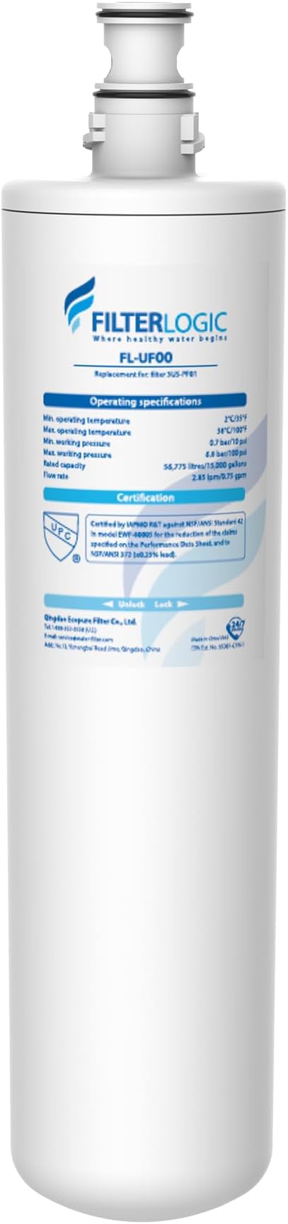 Filterlogic 3US-PF01 Water Filter Replacement for Filtrete® 3US-PS01 | Compatible with Filtrete® 3US-PS01, 3US-MAX-F01H, 3US-PF01H, HF20-S, Manitowoc K-00337, K-00338, Delta RP78702, NSF/ANSI 42